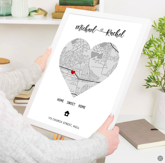 A beautifully designed personalised house map print showcasing a heart-shaped map with custom details, perfect as a housewarming gift.