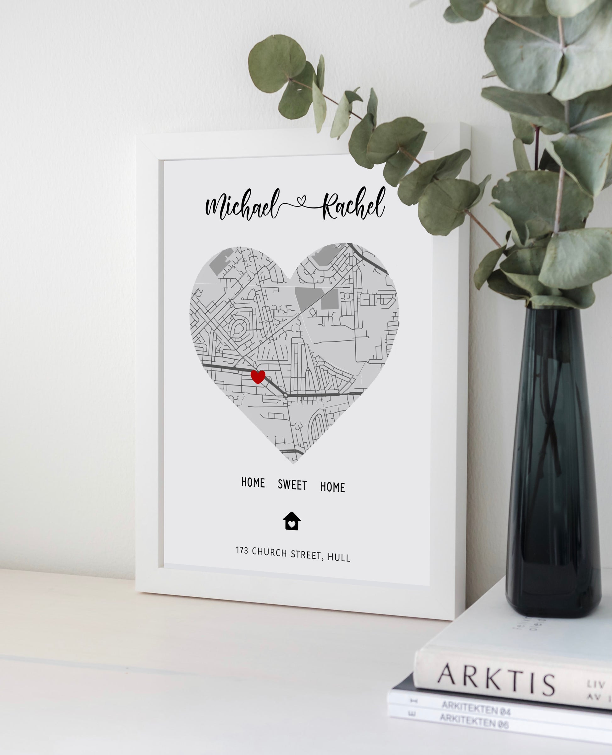A beautifully designed personalised house map print showcasing a heart-shaped map with custom details, perfect as a housewarming gift.