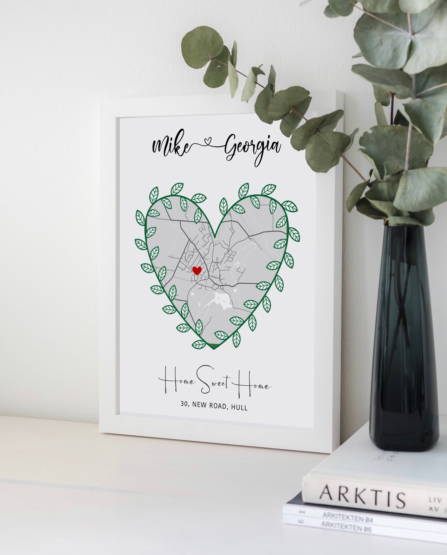 A beautifully designed personalised house map print showcasing a heart-shaped map with custom details, perfect as a housewarming gift.
