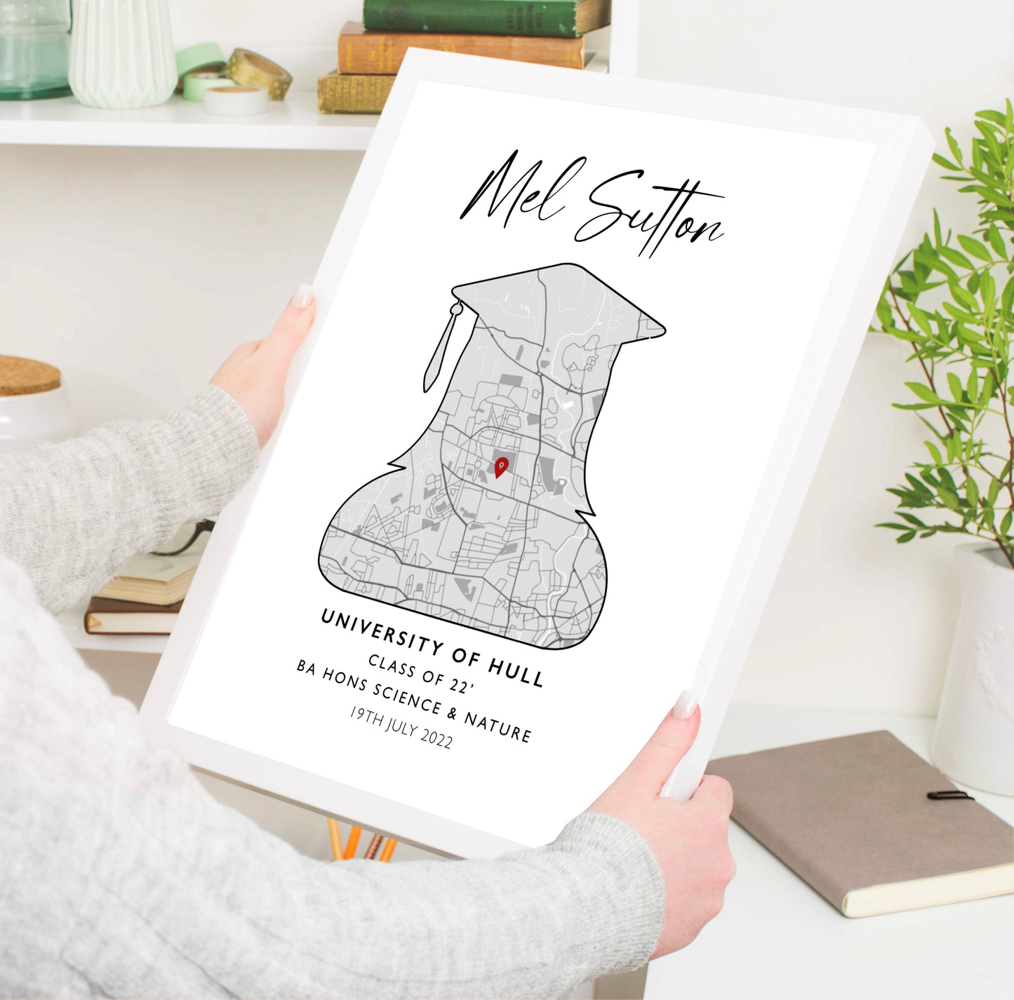 Custom Graduation Print: Personalised artwork showcasing the graduate's name, degree type, and graduation year, surrounded by elegant design elements. The perfect keepsake to celebrate their achievement and cherish the memories.
