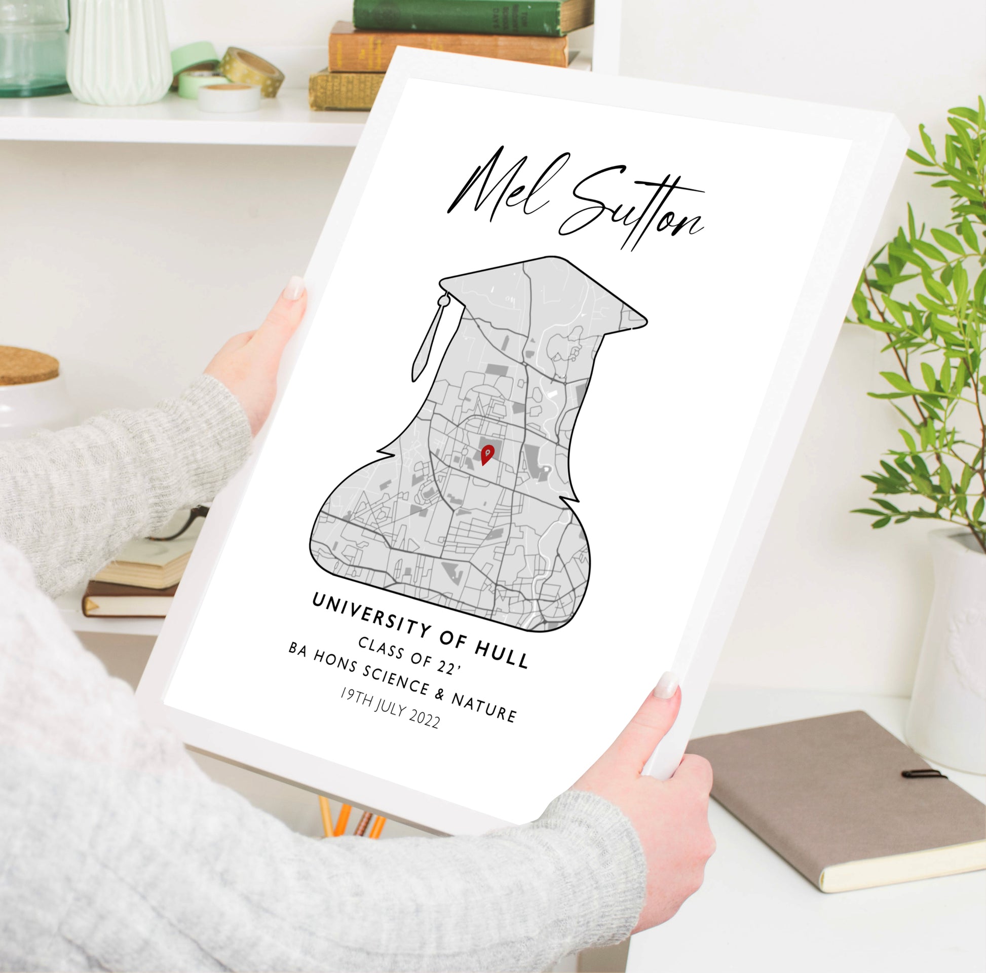 Custom Graduation Print: Personalised artwork showcasing the graduate's name, degree type, and graduation year, surrounded by elegant design elements. The perfect keepsake to celebrate their achievement and cherish the memories.