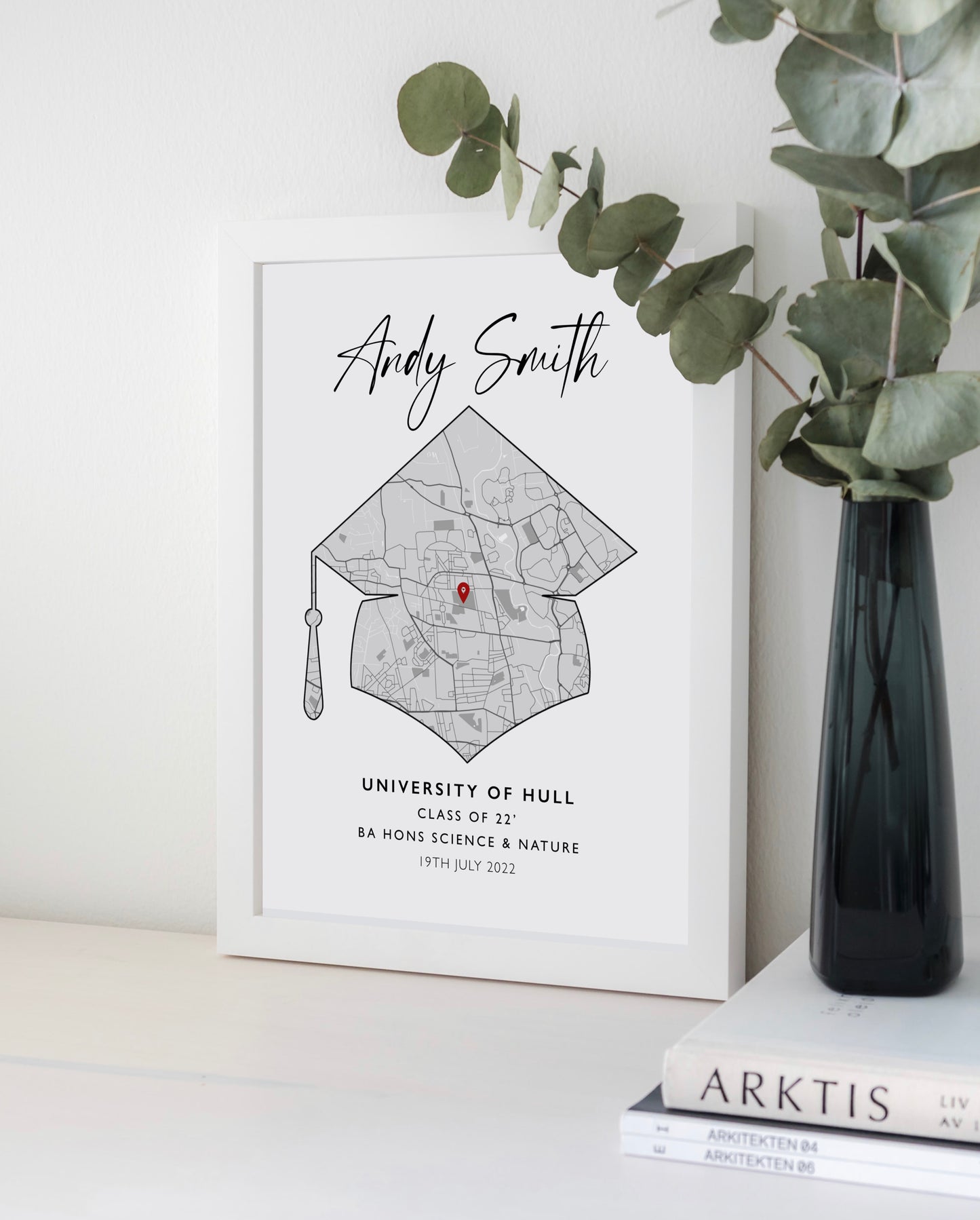 Custom Graduation Print: Personalised artwork showcasing the graduate's name, degree type, and graduation year, surrounded by elegant design elements. The perfect keepsake to celebrate their achievement and cherish the memories.