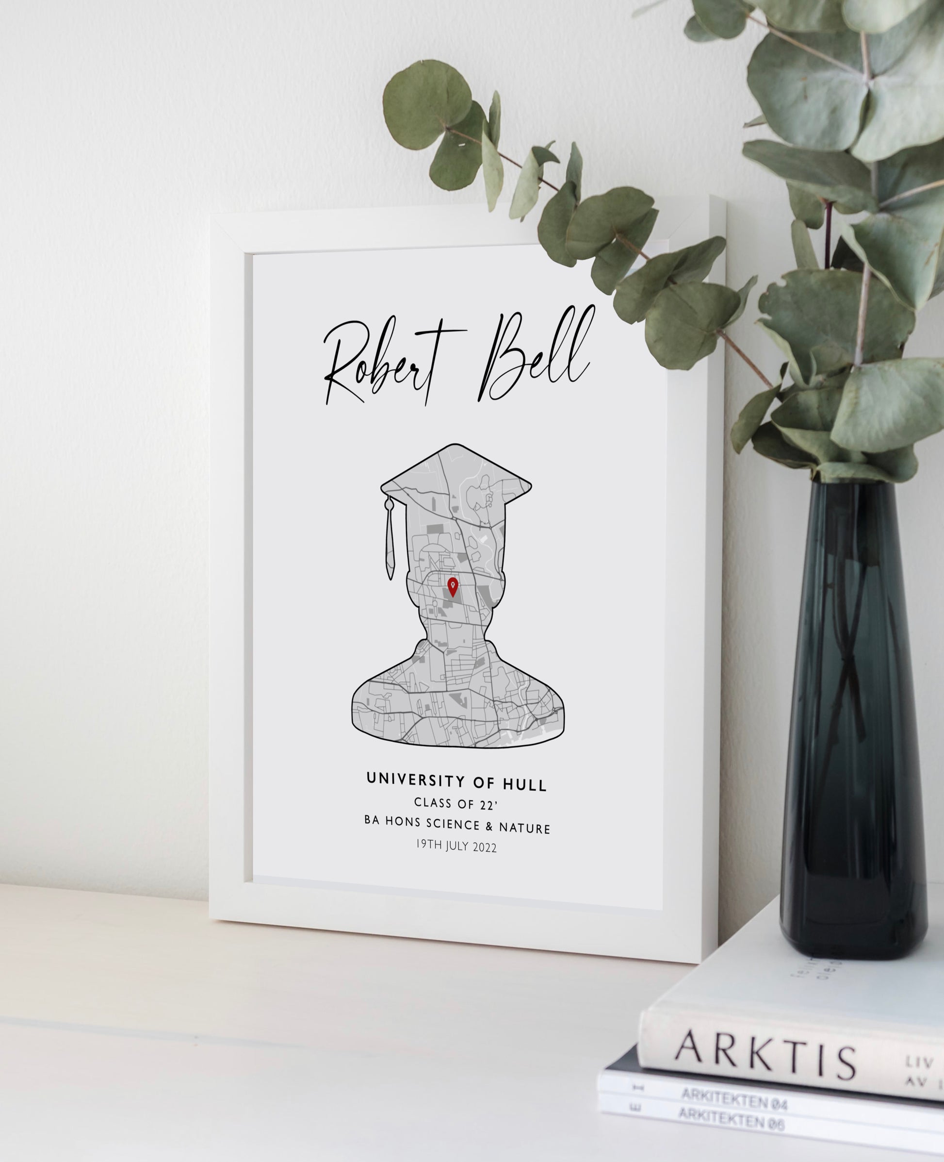 Custom Graduation Print: Personalised artwork showcasing the graduate's name, degree type, and graduation year, surrounded by elegant design elements. The perfect keepsake to celebrate their achievement and cherish the memories.