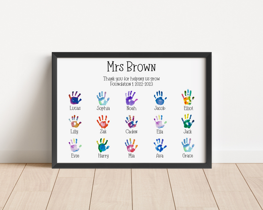 A personalised custom teacher print featuring handprints representing each pupil, with customised names of the teacher and students, the perfect thank you gift for teachers.