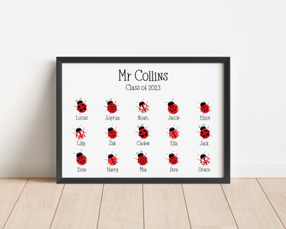 A personalised custom teacher print featuring ladybirds representing each pupil, with customised names of the teacher and students, the perfect thank you gift for teachers.