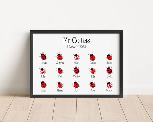 A personalised custom teacher print featuring ladybirds representing each pupil, with customised names of the teacher and students, the perfect thank you gift for teachers.