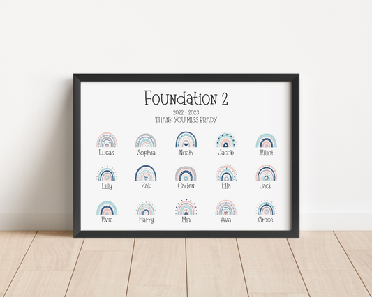 A personalised custom teacher print featuring rainbows representing each pupil, with customised names of the teacher and students, the perfect thank you gift for teachers.