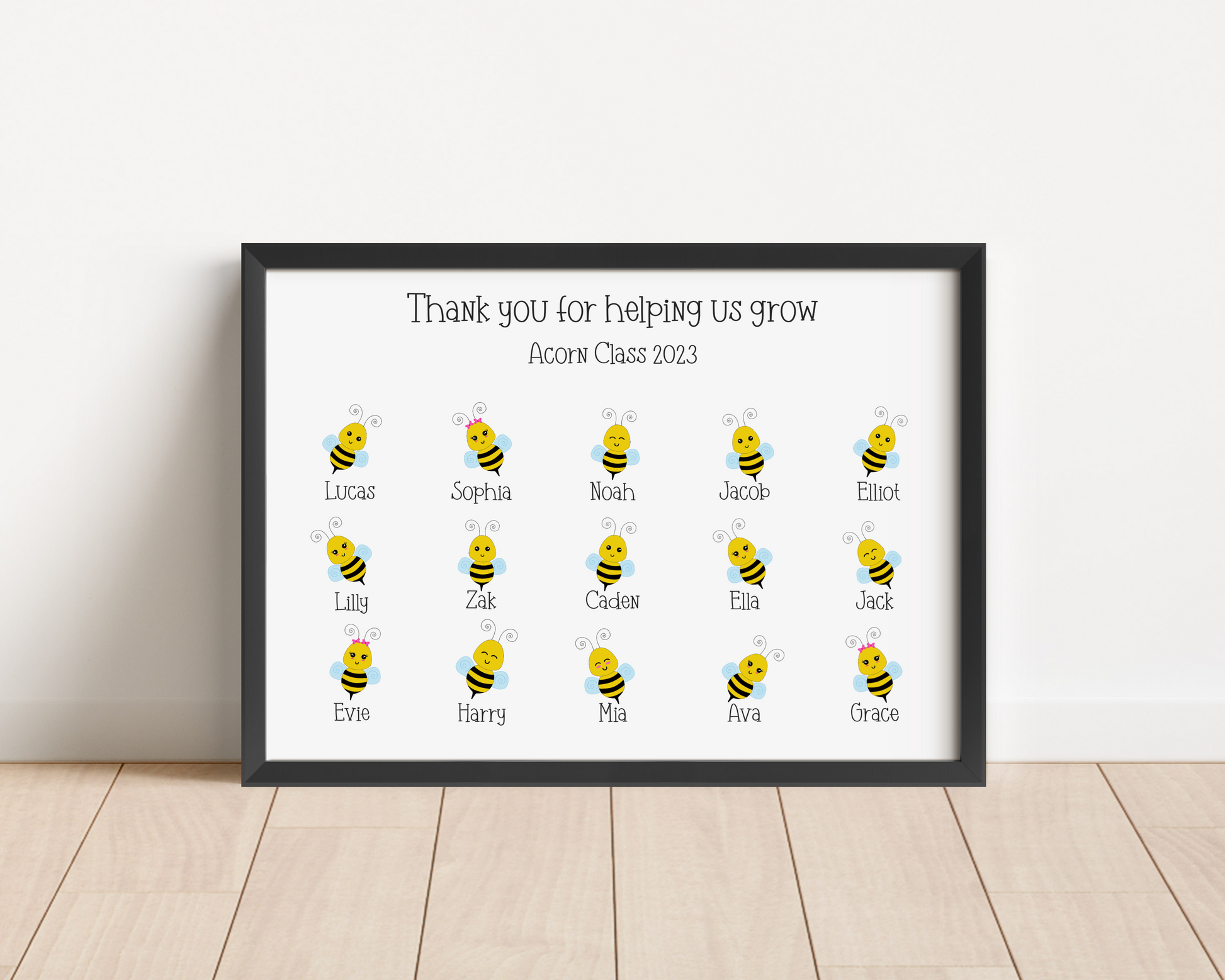 A personalised custom teacher print featuring bumblebees representing each pupil, with customised names of the teacher and students, the perfect thank you gift for teachers.