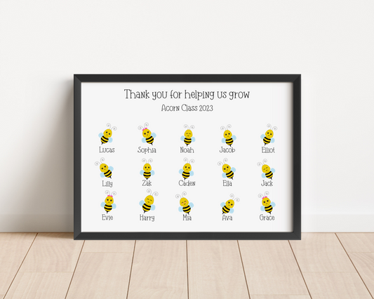A personalised custom teacher print featuring bumblebees representing each pupil, with customised names of the teacher and students, the perfect thank you gift for teachers.
