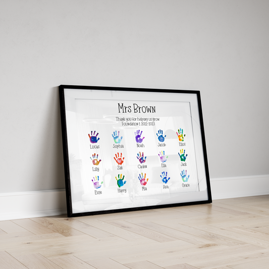 A personalised custom teacher print featuring handprints representing each pupil, with customised names of the teacher and students, the perfect thank you gift for teachers.