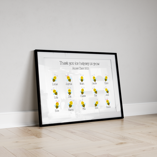 A personalised custom teacher print featuring bumblebees representing each pupil, with customised names of the teacher and students, the perfect thank you gift for teachers.