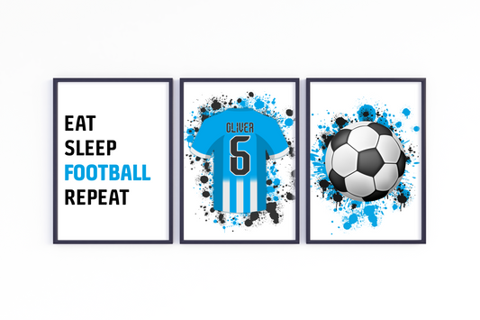 Personalised 'Eat Sleep Football Repeat' Kids' Wall Art in [Team Colours] - High-quality print with team mantra, durable frame, easy to hang – Ideal for young football enthusiasts' room decor.