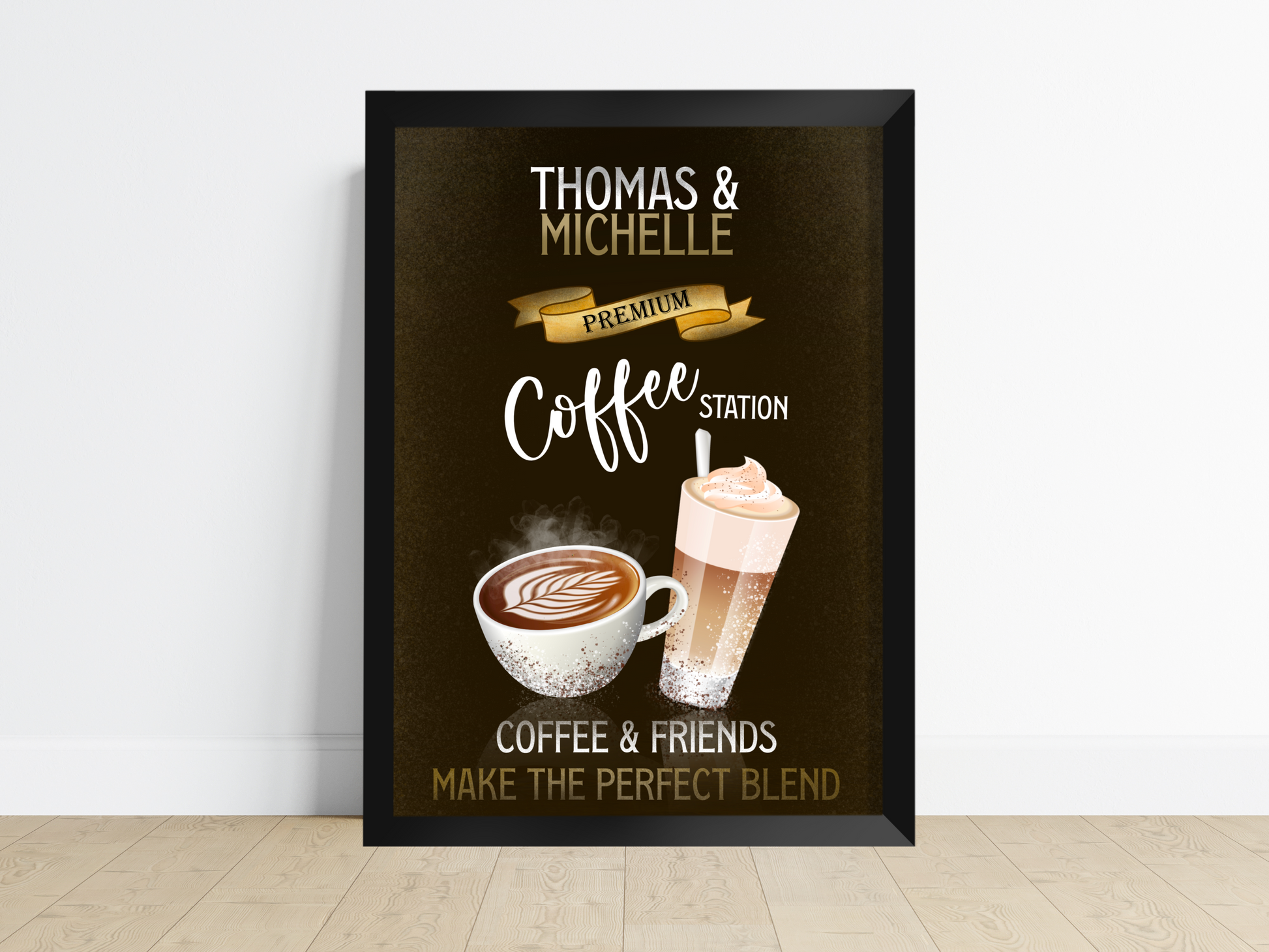 Alt Image Text: Home decor print showcasing customized coffee drinks with names like "Lee & Sam's Coffee Station", perfect for adding a personal touch to any kitchen or coffee nook.