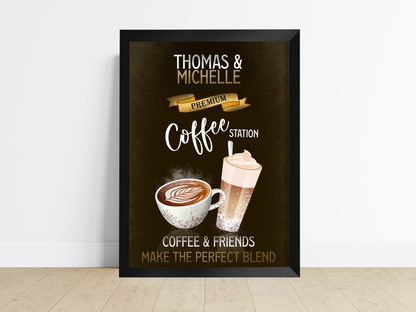 Alt Image Text: Home decor print showcasing customized coffee drinks with names like "Lee & Sam's Coffee Station", perfect for adding a personal touch to any kitchen or coffee nook.