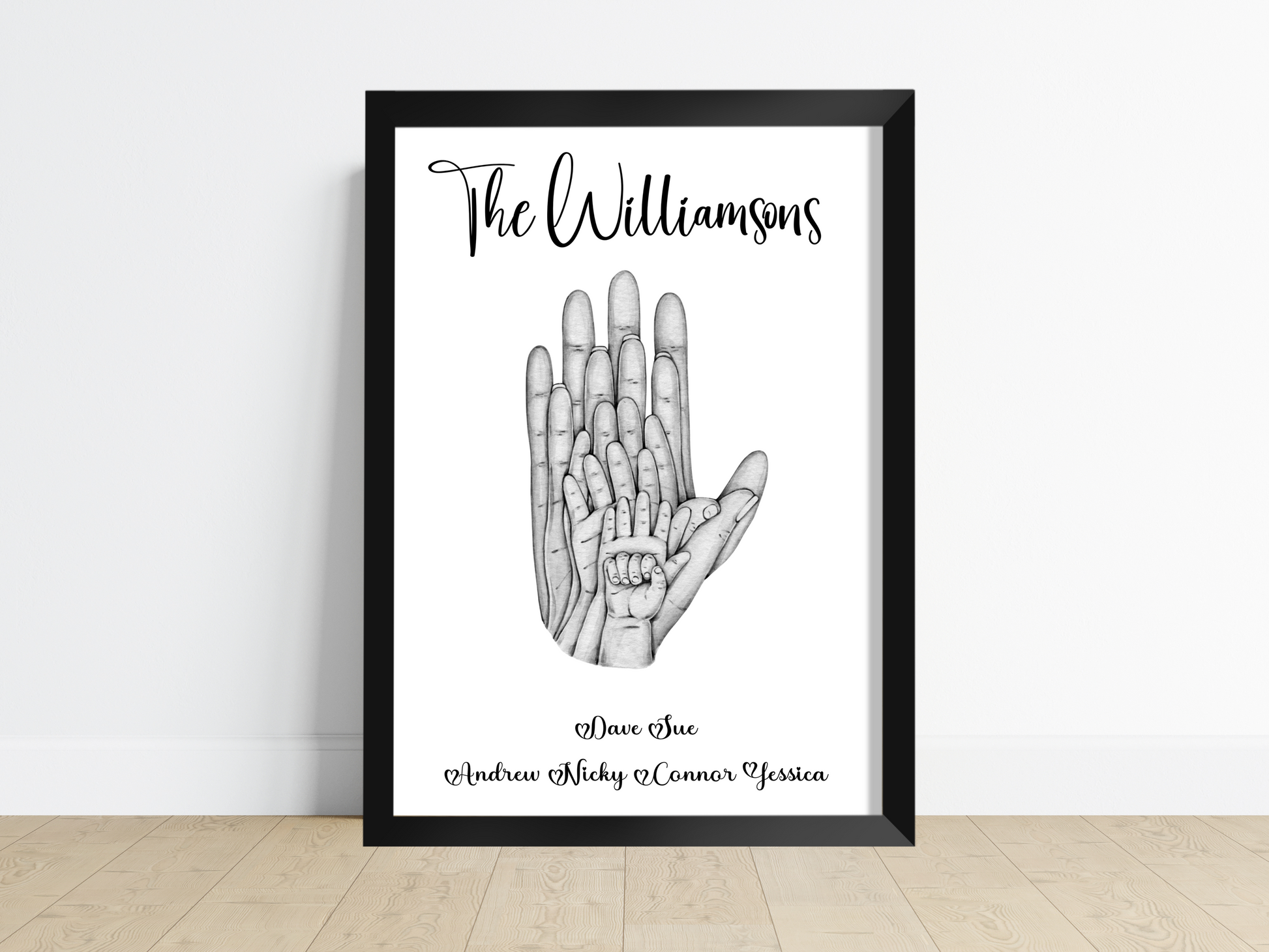 A heartwarming Personalised Family Hand Print with the hands of parents and children, symbolizing the unbreakable bond of love. Customizable colors add a personal touch to this beautiful keepsake, perfect for gifting or displaying in your home.