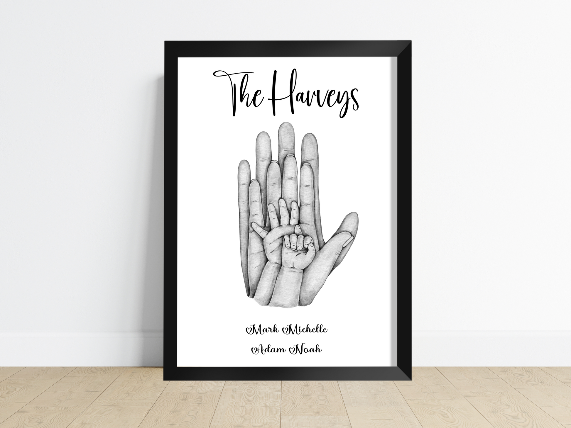 A heartwarming Personalised Family Hand Print with the hands of parents and children, symbolizing the unbreakable bond of love. Customizable colors add a personal touch to this beautiful keepsake, perfect for gifting or displaying in your home.