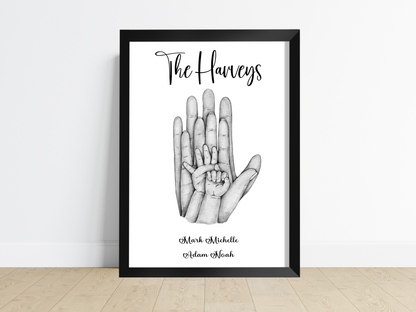 A heartwarming Personalised Family Hand Print with the hands of parents and children, symbolizing the unbreakable bond of love. Customizable colors add a personal touch to this beautiful keepsake, perfect for gifting or displaying in your home.
