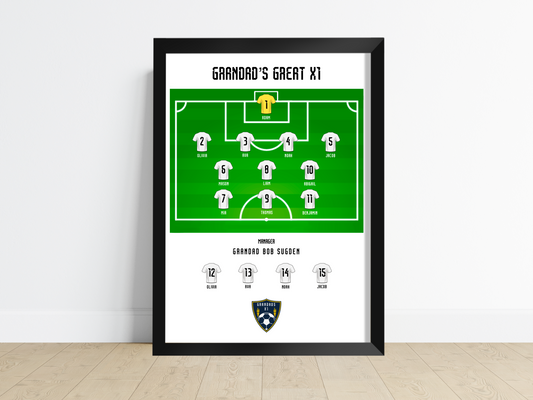 Personalised home decor print: 'Grandad's Great XI.' Football pitch design with 11 grandchild names. Thoughtful gift capturing cherished memories.