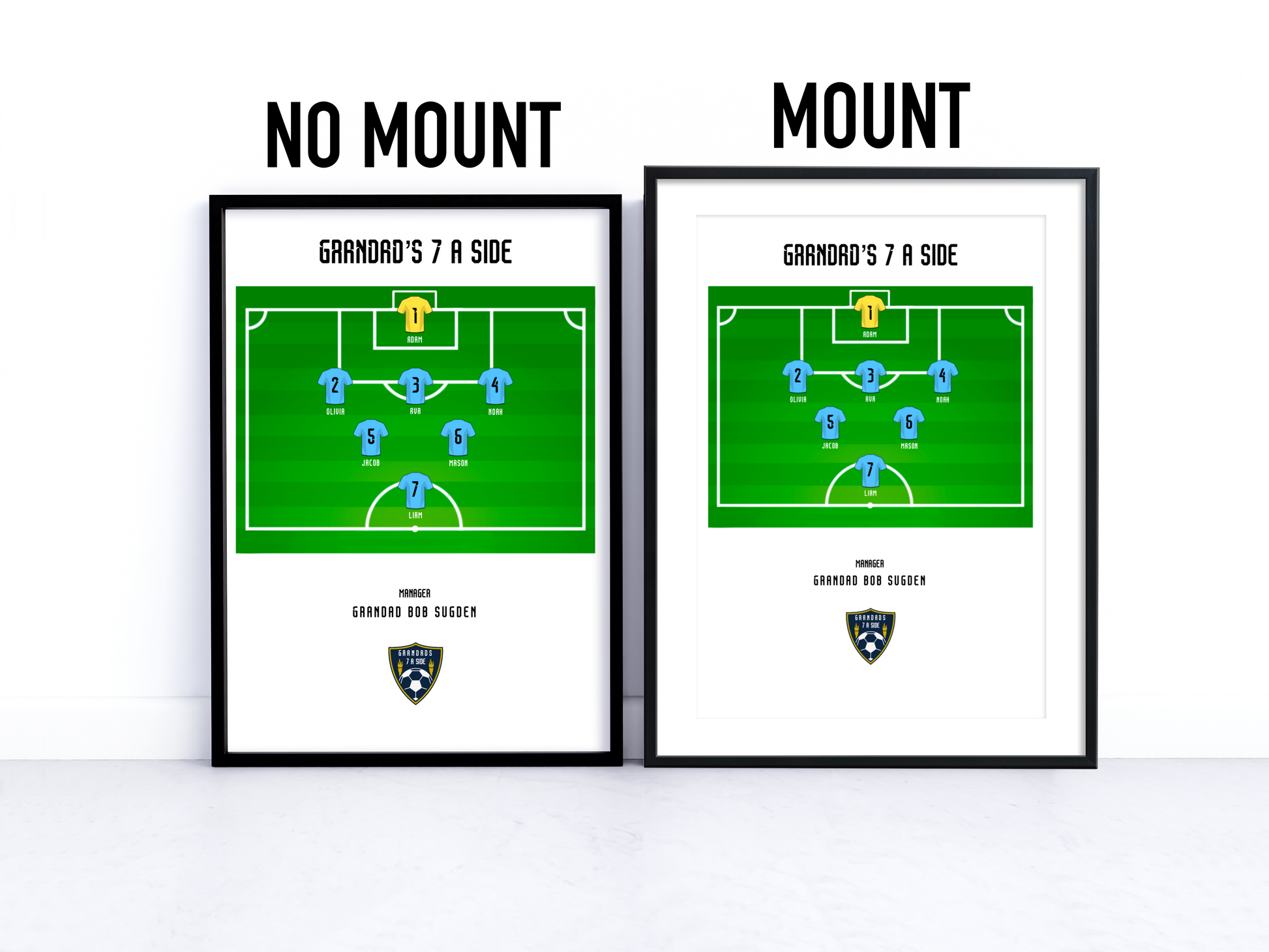 Personalised home decor print: 'Grandad's Great XI.' Football pitch design with 11 grandchild names. Thoughtful gift capturing cherished memories.