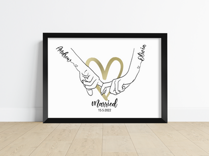 A Personalised Handprint Artwork with Interlocking Hands in the Shape of a Heart, symbolising eternal love and unity. Customisable names integrated into the design. Perfect for weddings, anniversaries, or housewarming gifts, or as a beautiful addition to a family home.