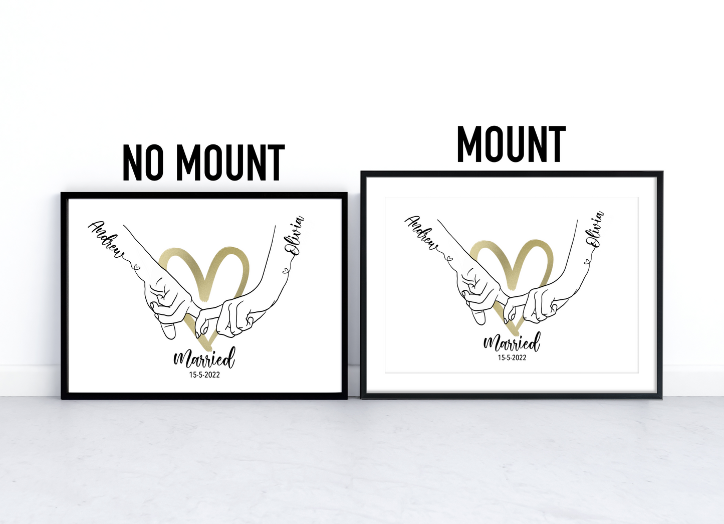 A Personalised Handprint Artwork with Interlocking Hands in the Shape of a Heart, symbolising eternal love and unity. Customisable names integrated into the design. Perfect for weddings, anniversaries, or housewarming gifts, or as a beautiful addition to a family home.