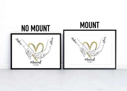 A Personalised Handprint Artwork with Interlocking Hands in the Shape of a Heart, symbolising eternal love and unity. Customisable names integrated into the design. Perfect for weddings, anniversaries, or housewarming gifts, or as a beautiful addition to a family home.