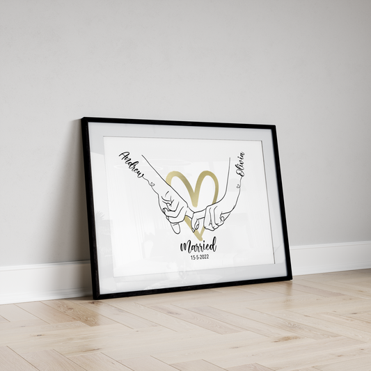 A Personalised Handprint Artwork with Interlocking Hands in the Shape of a Heart, symbolising eternal love and unity. Customisable names integrated into the design. Perfect for weddings, anniversaries, or housewarming gifts, or as a beautiful addition to a family home.