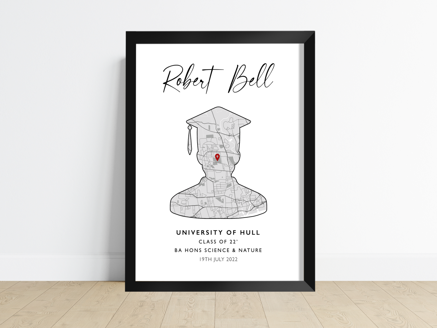 Custom Graduation Print: Personalised artwork showcasing the graduate's name, degree type, and graduation year, surrounded by elegant design elements. The perfect keepsake to celebrate their achievement and cherish the memories.