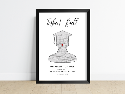 Custom Graduation Print: Personalised artwork showcasing the graduate's name, degree type, and graduation year, surrounded by elegant design elements. The perfect keepsake to celebrate their achievement and cherish the memories.