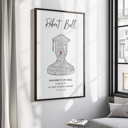 Custom Graduation Print: Personalised artwork showcasing the graduate's name, degree type, and graduation year, surrounded by elegant design elements. The perfect keepsake to celebrate their achievement and cherish the memories.