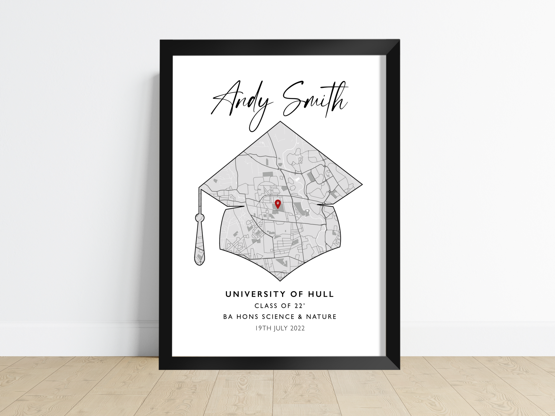 Custom Graduation Print: Personalised artwork showcasing the graduate's name, degree type, and graduation year, surrounded by elegant design elements. The perfect keepsake to celebrate their achievement and cherish the memories.