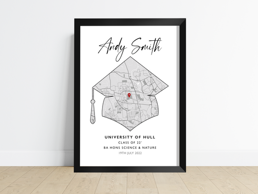 Custom Graduation Print: Personalised artwork showcasing the graduate's name, degree type, and graduation year, surrounded by elegant design elements. The perfect keepsake to celebrate their achievement and cherish the memories.