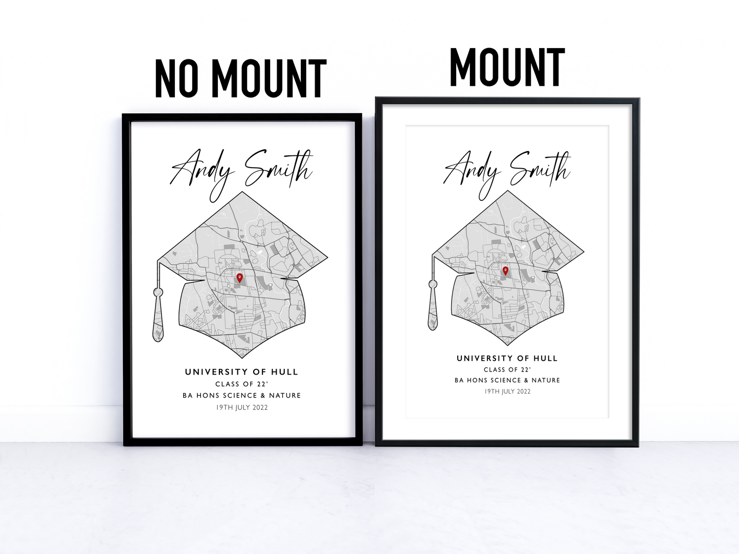 Custom Graduation Print: Personalised artwork showcasing the graduate's name, degree type, and graduation year, surrounded by elegant design elements. The perfect keepsake to celebrate their achievement and cherish the memories.