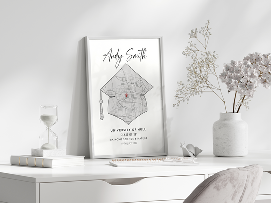 Custom Graduation Print: Personalised artwork showcasing the graduate's name, degree type, and graduation year, surrounded by elegant design elements. The perfect keepsake to celebrate their achievement and cherish the memories.