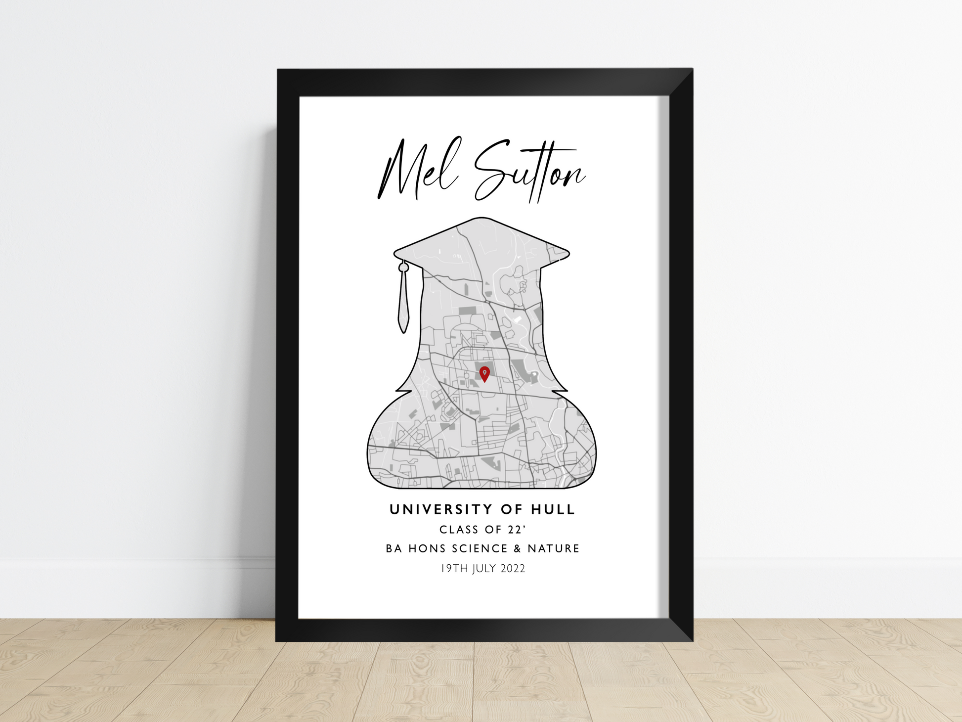 Custom Graduation Print: Personalised artwork showcasing the graduate's name, degree type, and graduation year, surrounded by elegant design elements. The perfect keepsake to celebrate their achievement and cherish the memories.