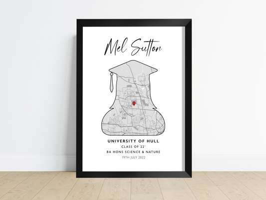 Custom Graduation Print: Personalised artwork showcasing the graduate's name, degree type, and graduation year, surrounded by elegant design elements. The perfect keepsake to celebrate their achievement and cherish the memories.
