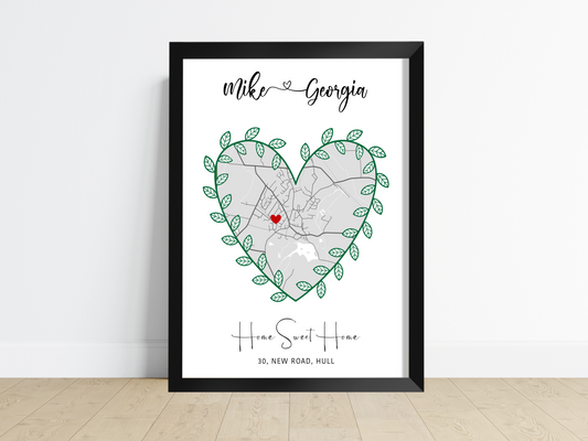 A beautifully designed personalised house map print showcasing a heart-shaped map with custom details, perfect as a housewarming gift.