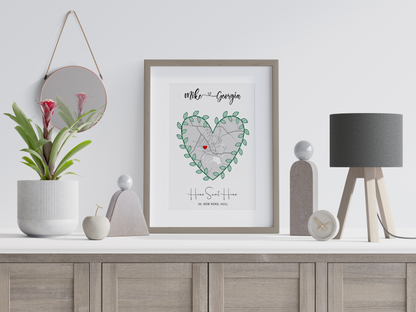 Personalised House Map - Green Leaf Heart Shape