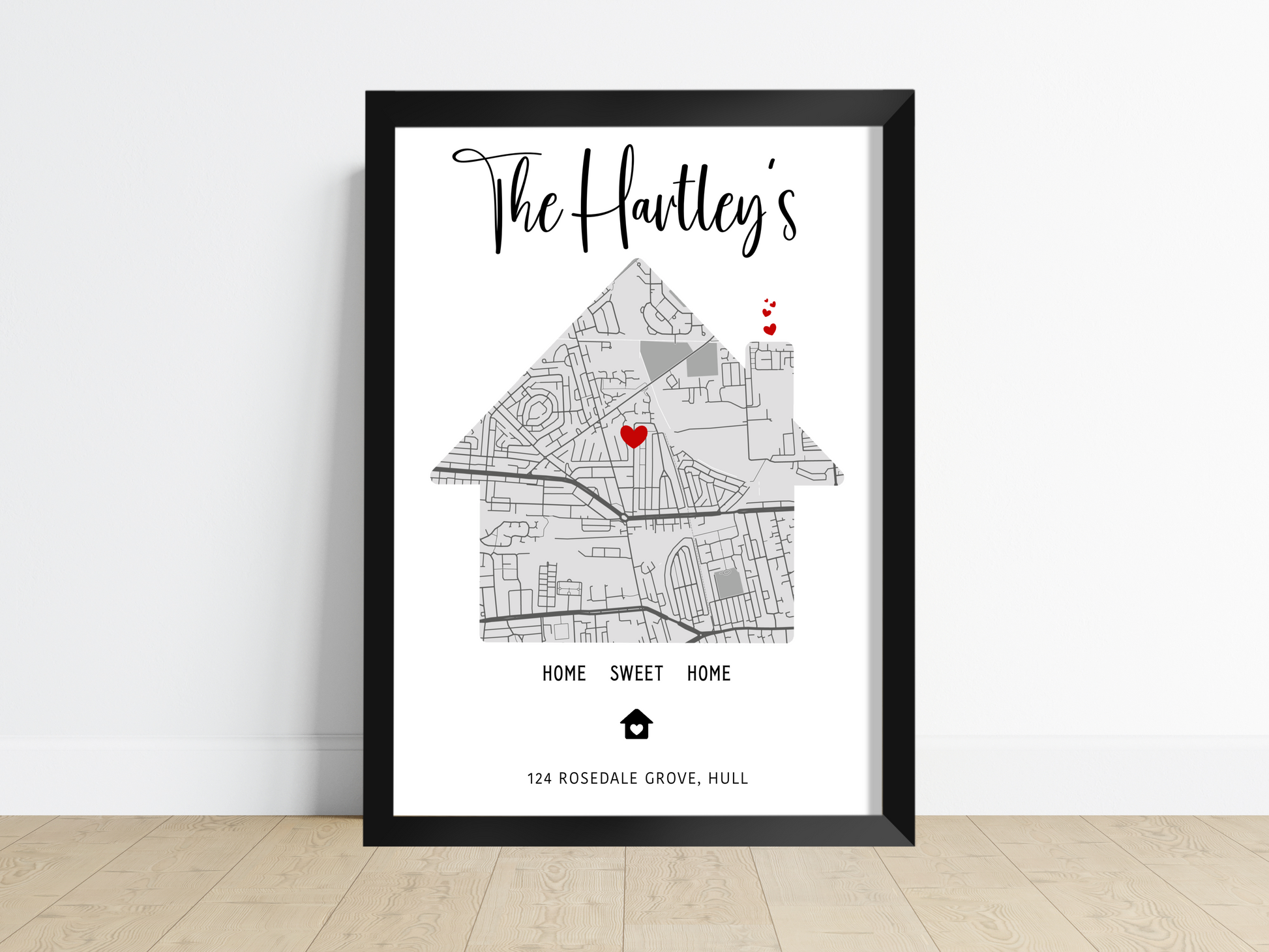 A beautifully designed personalised house map print showcasing a house-shaped map with custom details, perfect as a housewarming gift.