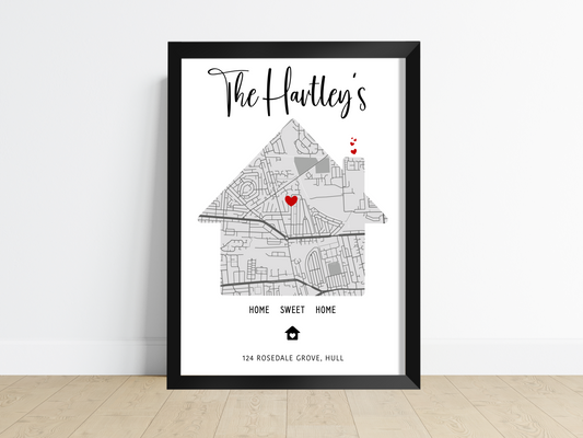 A beautifully designed personalised house map print showcasing a house-shaped map with custom details, perfect as a housewarming gift.
