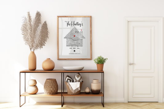 A beautifully designed personalised house map print showcasing a house-shaped map with custom details, perfect as a housewarming gift.