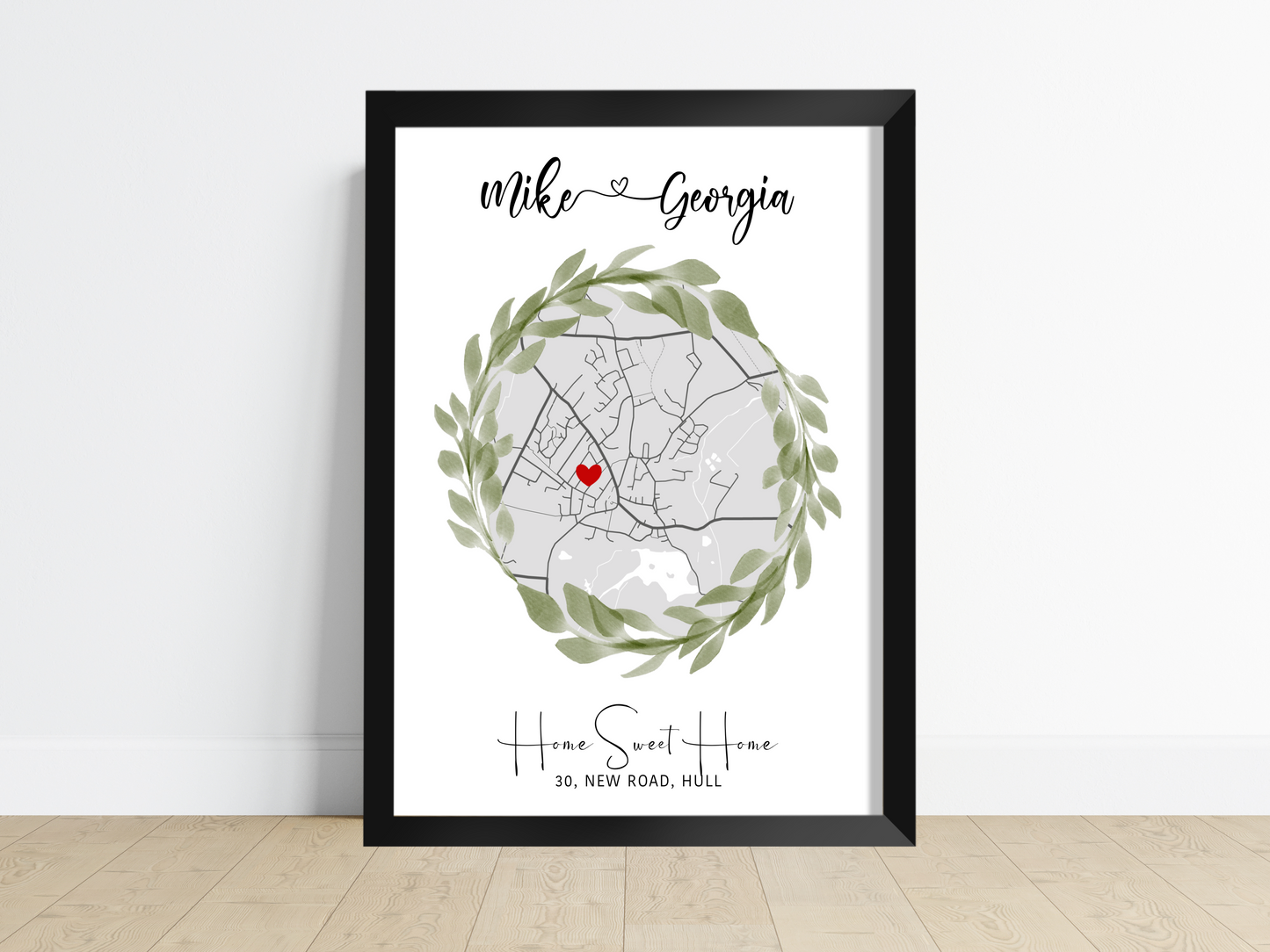 A beautifully designed personalised house map print showcasing a round-shaped map with custom details, perfect as a housewarming gift.