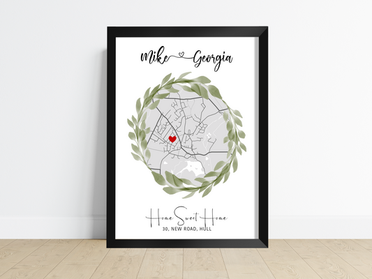 A beautifully designed personalised house map print showcasing a round-shaped map with custom details, perfect as a housewarming gift.