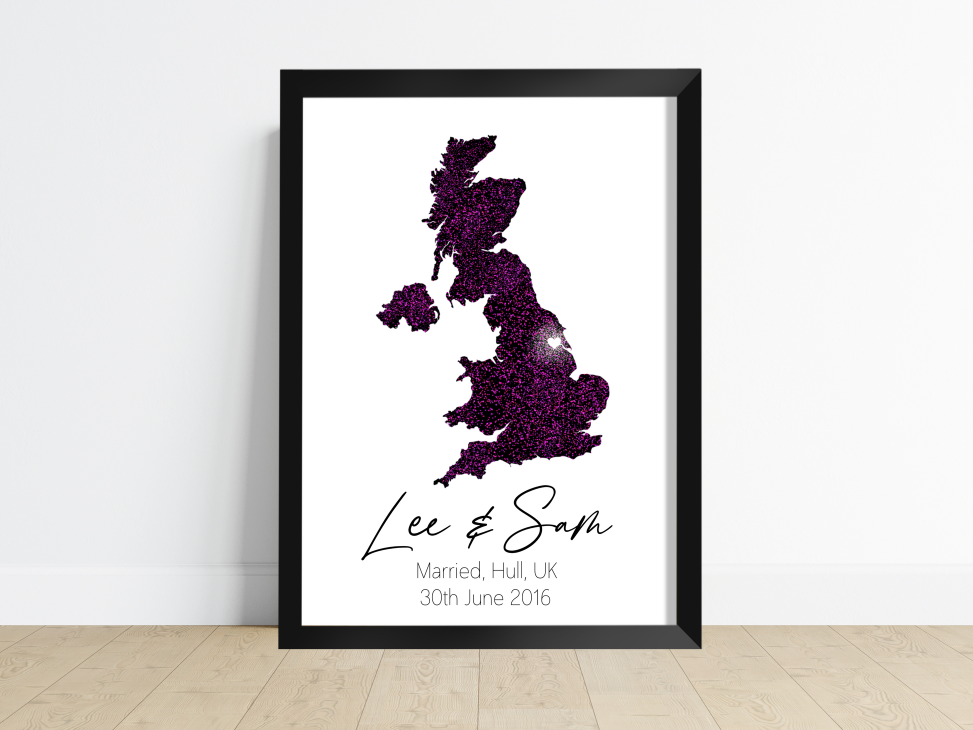 A Personalised Wedding Print featuring a stunning artwork displaying a map of the wedding's country or region and the exact location. The background colour enhances the visual appeal, complementing the design. This print is a treasured keepsake, capturing the memories and love shared on the couple's special day.