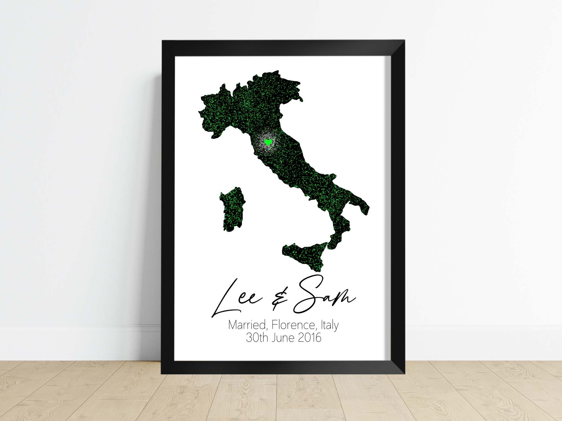 A Personalised Wedding Print featuring a stunning artwork displaying a map of the wedding's country or region and the exact location. The background colour enhances the visual appeal, complementing the design. This print is a treasured keepsake, capturing the memories and love shared on the couple's special day.