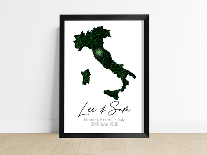 A Personalised Wedding Print featuring a stunning artwork displaying a map of the wedding's country or region and the exact location. The background colour enhances the visual appeal, complementing the design. This print is a treasured keepsake, capturing the memories and love shared on the couple's special day.