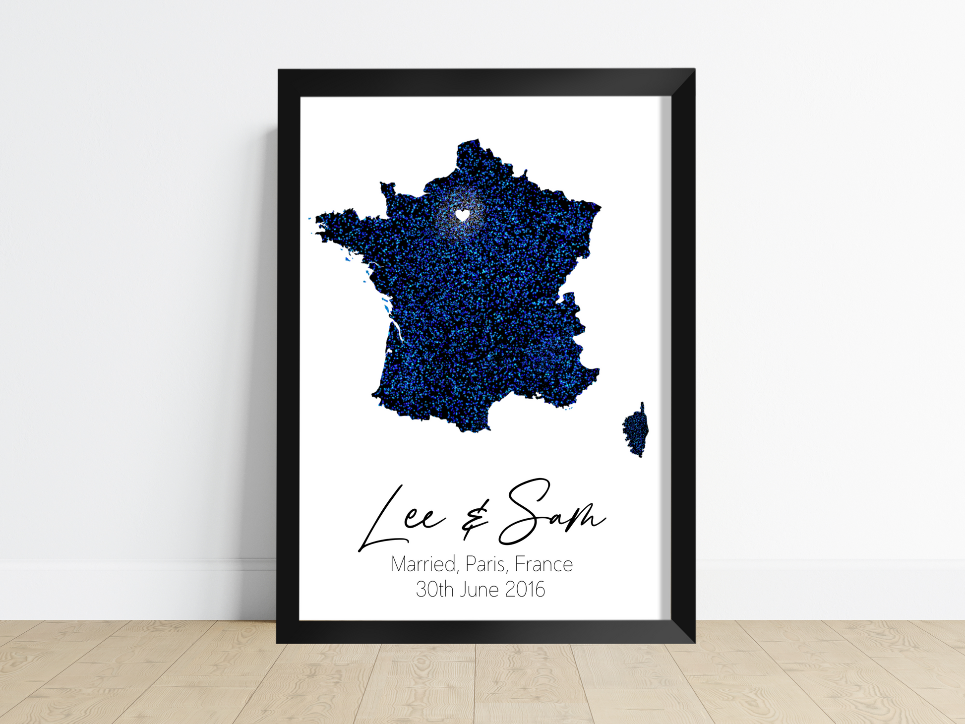 A Personalised Wedding Print featuring a stunning artwork displaying a map of the wedding's country or region and the exact location. The background colour enhances the visual appeal, complementing the design. This print is a treasured keepsake, capturing the memories and love shared on the couple's special day.