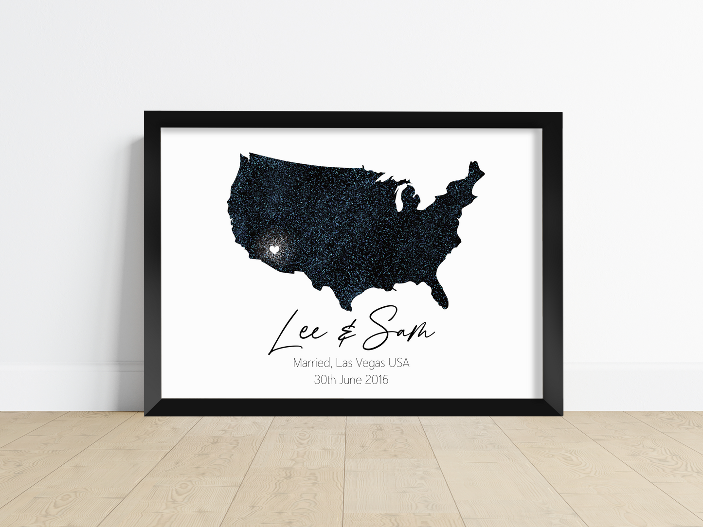 A Personalised Wedding Print featuring a stunning artwork displaying a map of the wedding's country or region and the exact location. The background colour enhances the visual appeal, complementing the design. This print is a treasured keepsake, capturing the memories and love shared on the couple's special day.