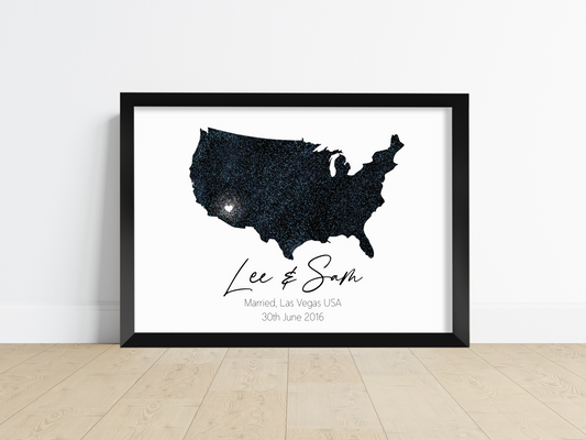 A Personalised Wedding Print featuring a stunning artwork displaying a map of the wedding's country or region and the exact location. The background colour enhances the visual appeal, complementing the design. This print is a treasured keepsake, capturing the memories and love shared on the couple's special day.