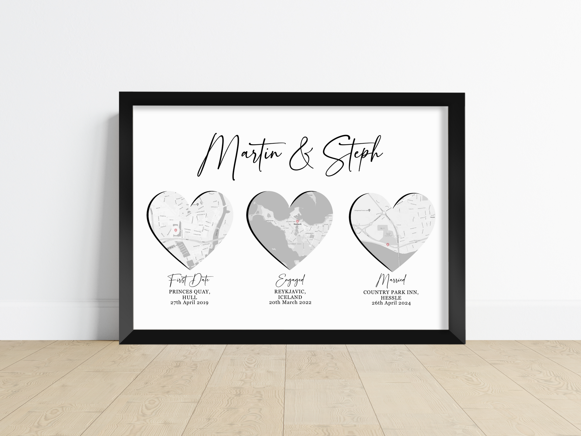 First date, engaged, married three map print